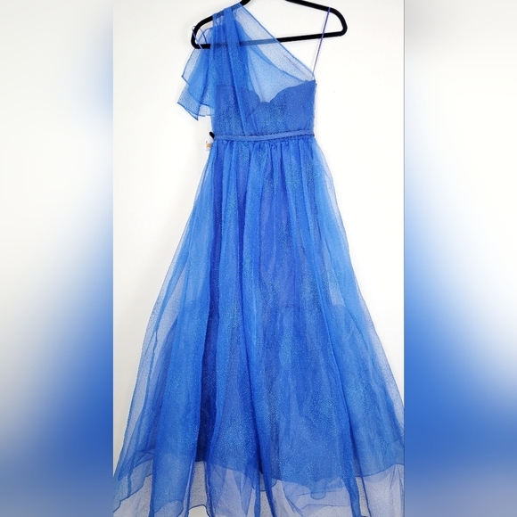 NWT Violet Weekend Juniors One-Shoulder Glitter Organza Ballgown in Azure Blue - Picture 3 of 11